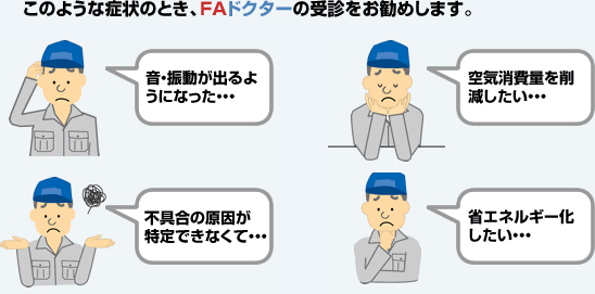 このような症状のとき、FAドクターの受診をお勧めします。音・振動が出るようになった…　空気消費量を削減したい…　不具合の原因が特定できなくて…　省エネルギー化したい…